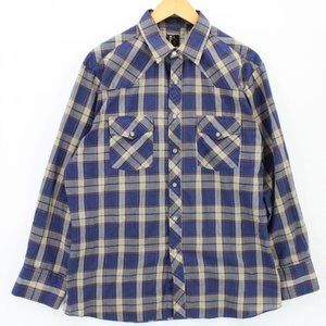 Vintage HOLT Western Shirt Mens Blue Plaid Button Down Snap Button Cotton L